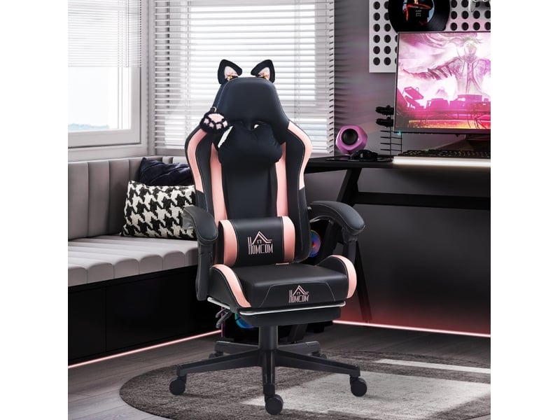  Fauteuil gaming avec oreilles de chat noir et rose, dossier inclinable et repose-pieds extensible  - Conforama B