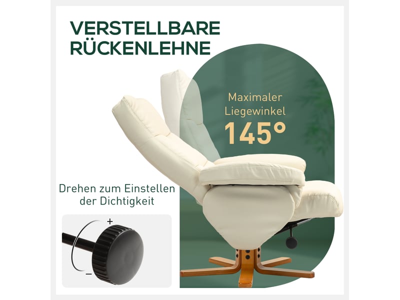  Fauteuil relax avec pouf de rangement, dossier inclinable et assise pivotante, en similicuir et bois blanc crème  - Conforama D