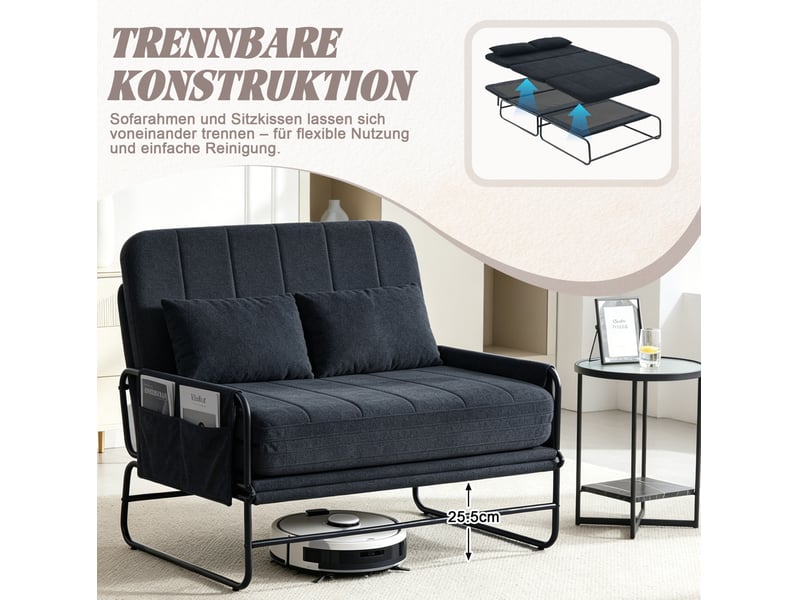 Canapé convertible 2 places 104x85x92104x200x34 cm, design, poches latérales, mousse, métal, chenille noir - Conforama D