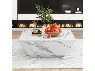 Table basse carrée 70x70 cm effet marbre blanc avec 2 tiroirs de rangement mdf