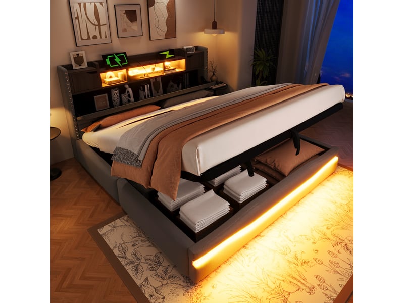  Lit coffre hydraulique 180x200 cm doté d'une tête de lit avec rangement, led, usb-c, prise intégrée, éclairage d'ambiance, lit double en tissu lin - gris  - Conforama B