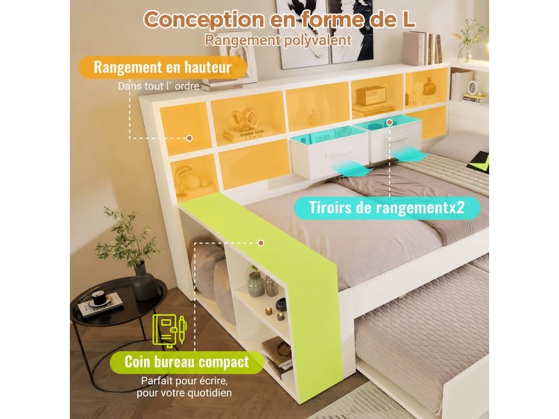  Lit gigogne 90 x 190 cm blanc avec rangements et prises usbusb-c  - Conforama E