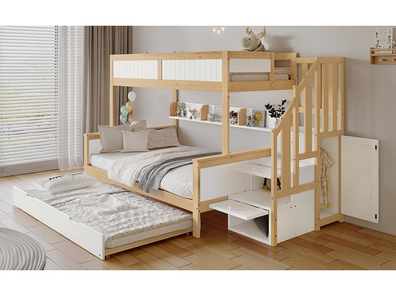  Lit superposé avec lit gigogne armoire et escalier rangement 90x200 et 120x200 cm blanc et bois clair pin et mdf structure sécurisée avec barrières Sol Morn - Conforama E