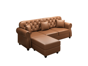 Canapé chesterfield 3 places + 1 pouf en simili cuir marron, 210 cm