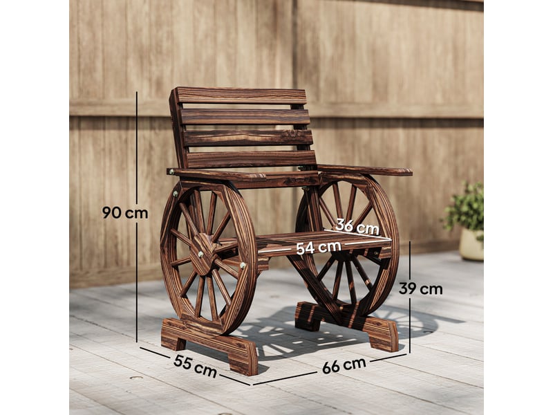 Chaise de jardin en bois avec motif de roue de chariot, chaise en bois de style campagnard, carbonisée  - Conforama E