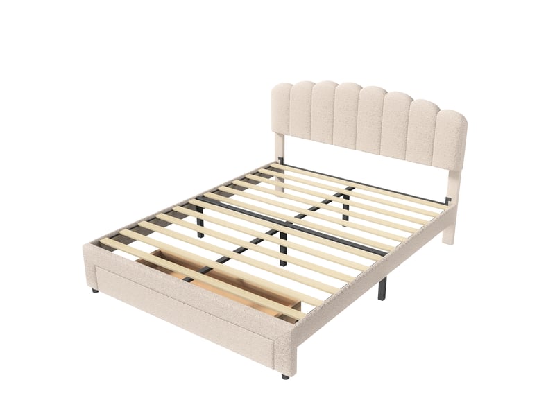 Lit double 160x200 cm, lit adulte 140x200 cm, 1 tiroir au pied du lit, port usb et type-c, tissu teddy polaire, beige, style moderne - Conforama A