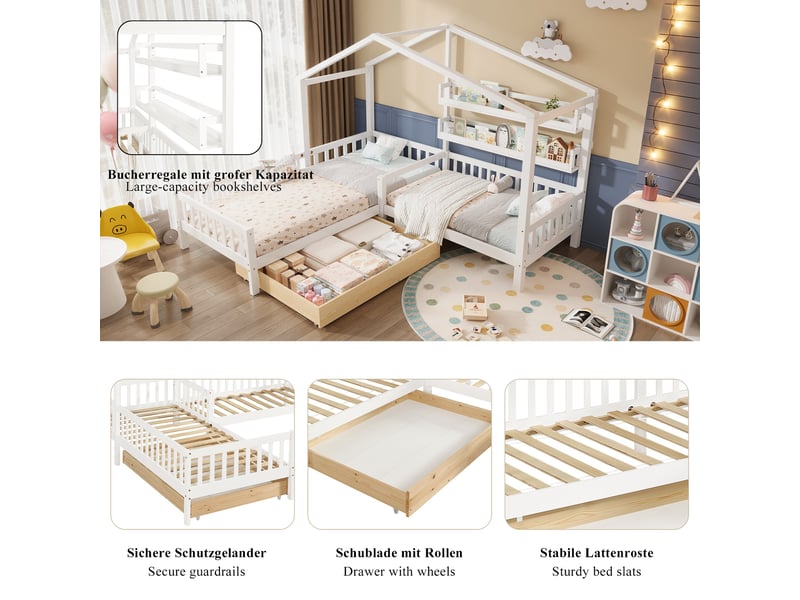 Lit cabane enfant 90x200 cm en bois massif blanc avec tiroir et étagères - Conforama D