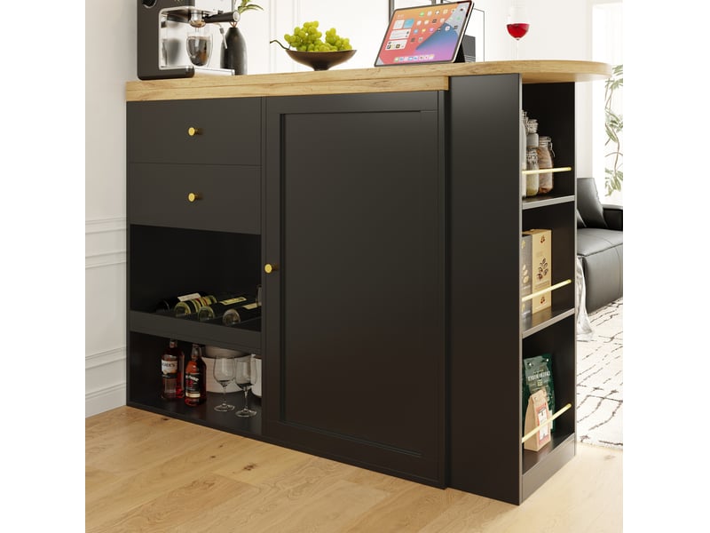  Bar de cuisine rotatif noir en mdf, 2 tiroirs, porte coulissante et étagères  - Conforama D