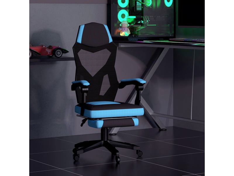  Fauteuil de jeu avec repose-pieds, hauteur réglable et dossier inclinable à 135°, 58 x 63 x 112-122 cm, bleu et noir  - Conforama D