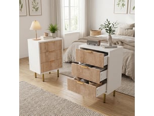 Lot de 2 table de chevet 40cm, 3 tiroirs, meuble de rangement chambre, design strié bois et blanc, pour chambre, salon, entrée, style moderne(chêne clair, 3 tiroirs)