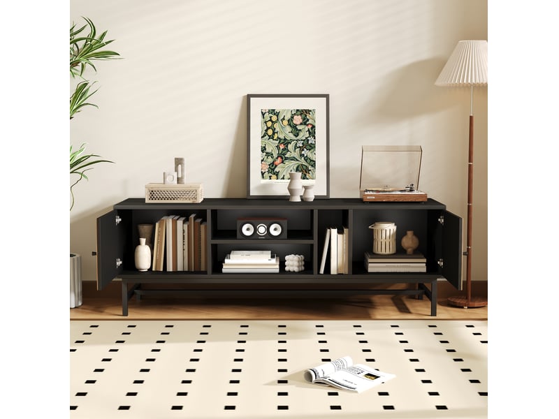  Meuble tv modenvie 150 x 38 x 50,5 cm noir et décor bois avec rangements  - Conforama D
