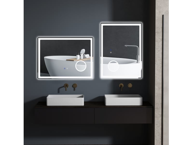Miroir de salle de bain led 80x60 cm – blanc – antibuée, tactile, éclairage avant et arrière, loupe x3 - Conforama B