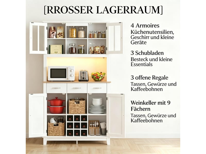  Meuble de cuisine avec éclairage led 4 portes 3 tiroirs blanc et chêne 100x39.5x180 cm  - Conforama E