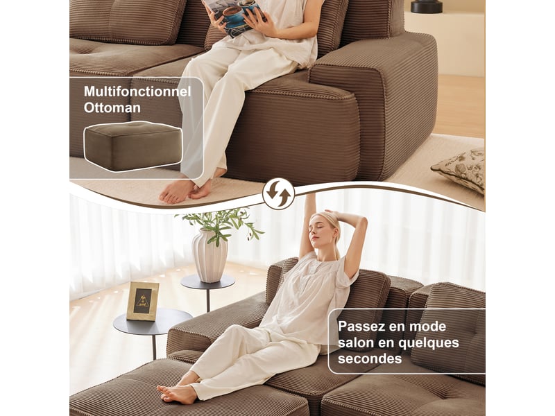 Canapé modulable d'angle en l,293x177x69cm,canapé 3 places sans structure avec 2 pouf,en velours côtel,rembourrage haute densité 32d - marron - Conforama D