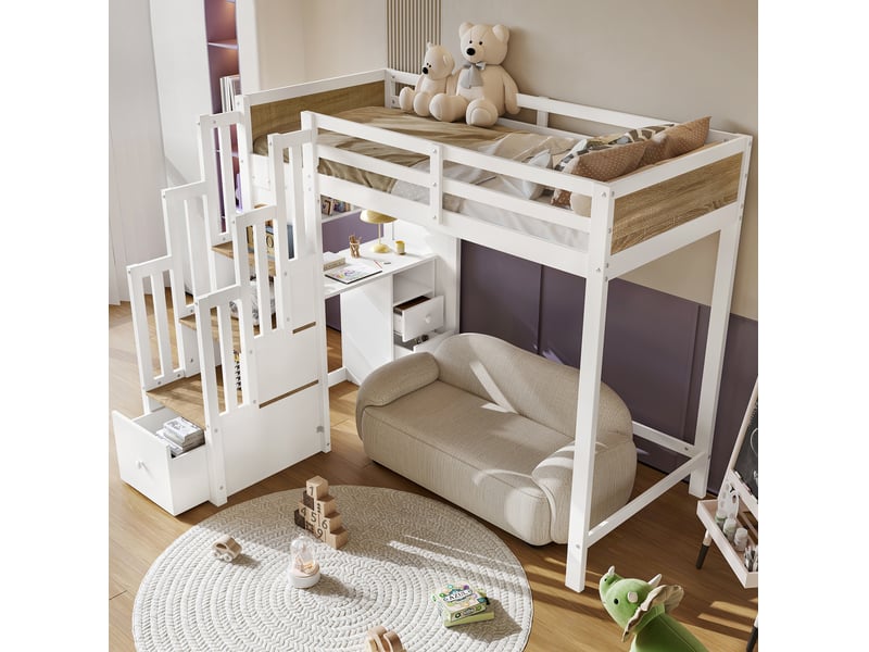  Lit mezzanine enfant 90x200 cm avec bureau, rangements et escalier, blanc et naturel  - Conforama C