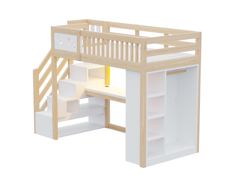  Lit mezzanine enfant 90x200 cm avec bureau, led et rangements, blanc et bois clair, sans matelas  - Conforama E