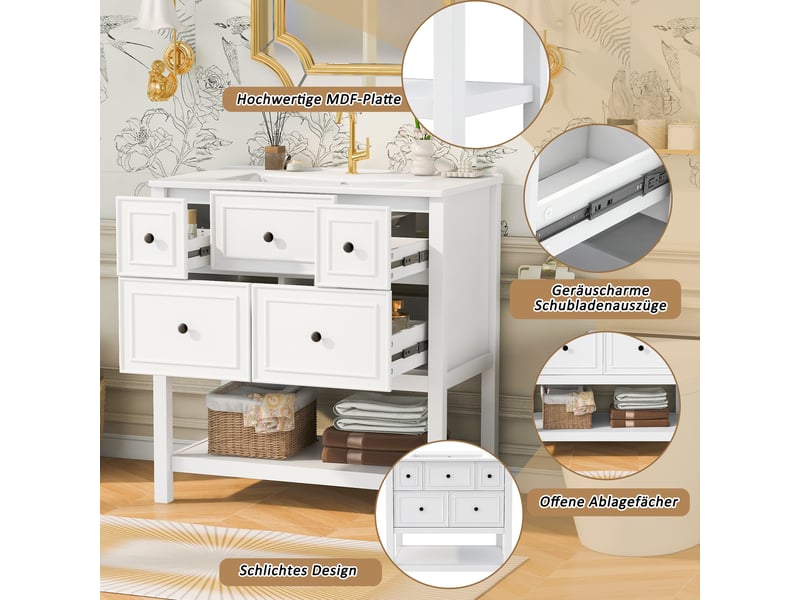  Meuble de salle de bain avec vasque céramique 5 tiroirs blanc 76x46,5x82,3 cm  - Conforama D