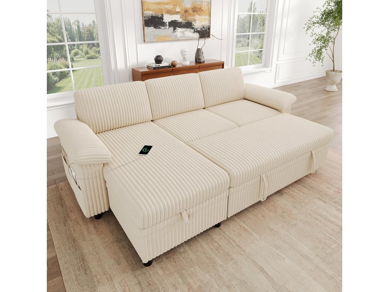  Canapé d’angle 214x138.5x89 cm convertible, velours côtelé beige  - Conforama C