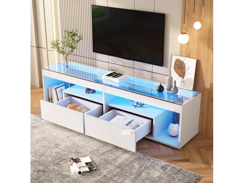  Meuble tv modenvie led blanc brillant 180 x 40 x 46 cm avec 2 tiroirs pour téléviseur jusqu’à 70 pouces  - Conforama B