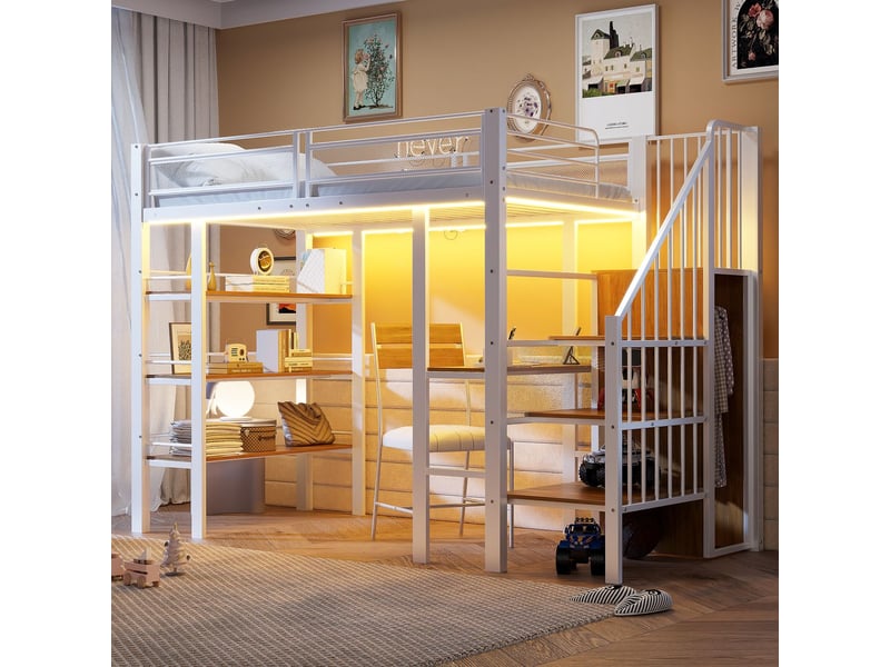  Lit mezzanine 90 x 200 cm éclairage led prise électrique structure en fer forgé compartiment de rangement bibliothèque intégrée  - Conforama A