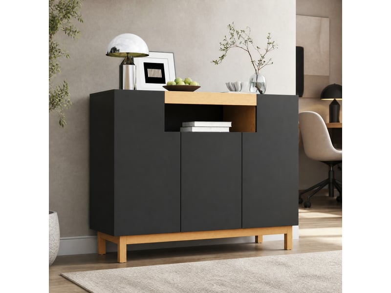  Buffet 120.5x42x96 cm à 3 portes avec niche ouverte en panneaux de particules noir  - Conforama B