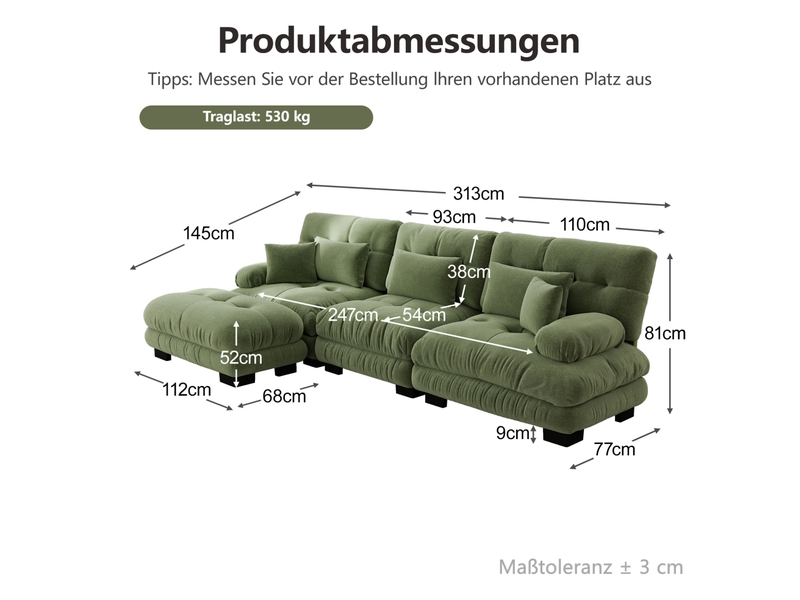  Canapé d'angle modulaire 313x145x81 cm 3 places avec ottomans mobiles chenille vert  - Conforama E