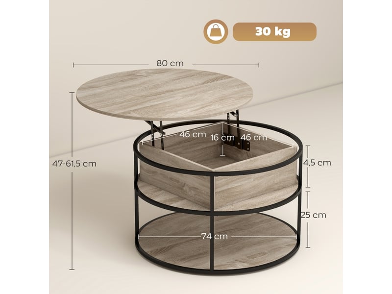  Table basse ronde relevable, plateau relevable couleur chêne, avec rangement et cadre en acier, ø80 cm  - Conforama C