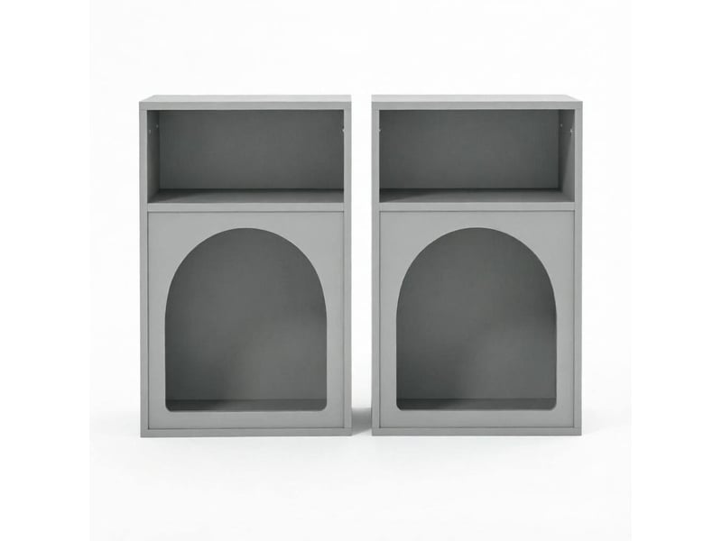 Lot de 2 tables de chevet grises en mdf peint, à niches ouvertes et design arqué pour petite chambre - Conforama A