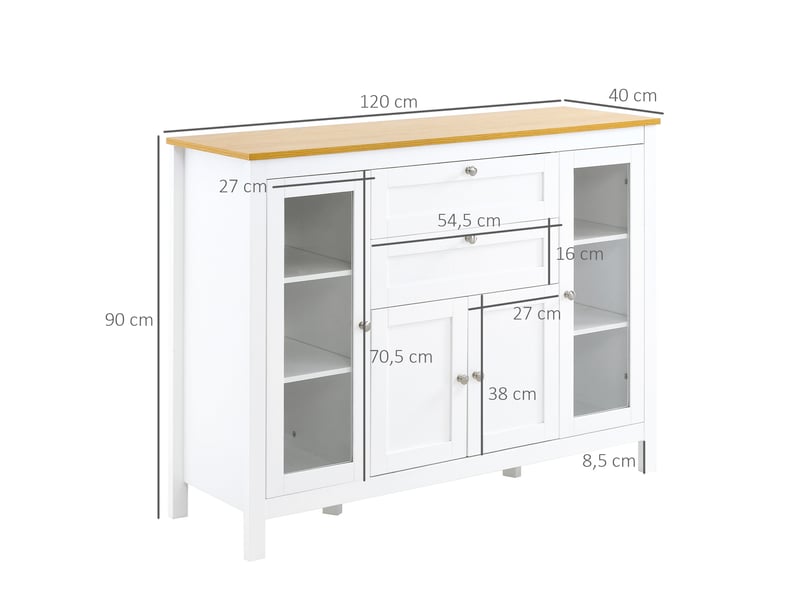  Buffet de salon, meuble de rangement avec un placard à double porte, deux portes vitrées, deux tiroirs et une étagère réglable, 120 x 40 x 90 cm  - Conforama E