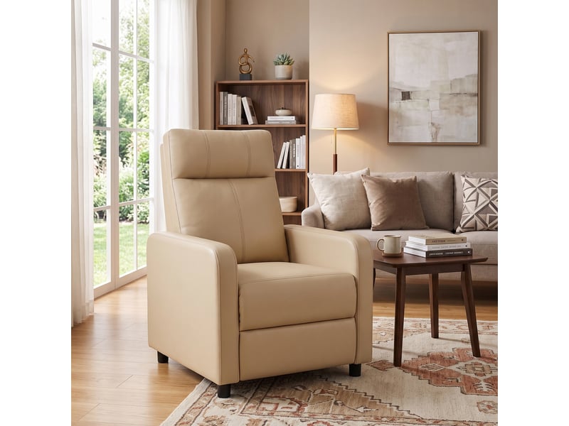  Fauteuil relax inclinable repose-pieds intégré synthétique beige  - Conforama D