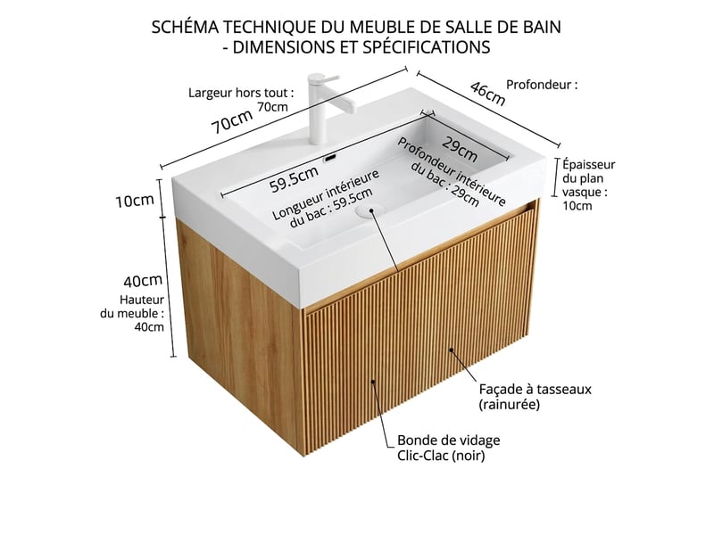  Meuble vasque suspendu 70 cm avec lavabo rectangulaire blanc intégré, finition bois naturel  - Conforama B