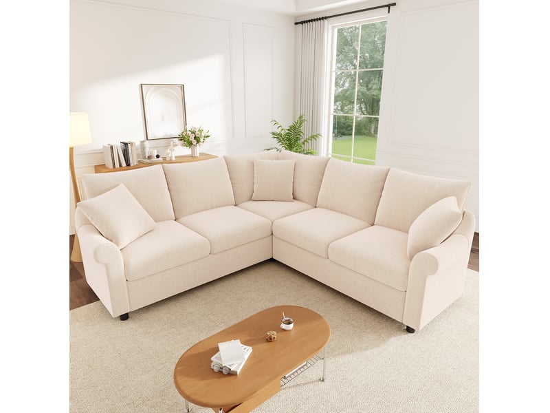  Canapé d’angle en l 5 places 217x217x83 cm en chenille beige  - Conforama E