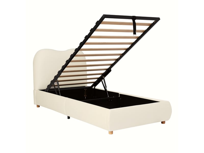  Lit enfant 90x200 avec sommier, lit coffre hydraulique et grand espace de rangement, lit capitonné velours beige pour chambre  - Conforama A