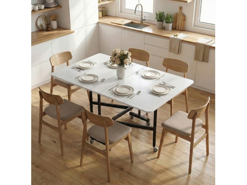 Table de cuisine pliable mobile 120x80 cm – blanche – 6 roulettes avec freins, gain de place pour petits espaces - Conforama E