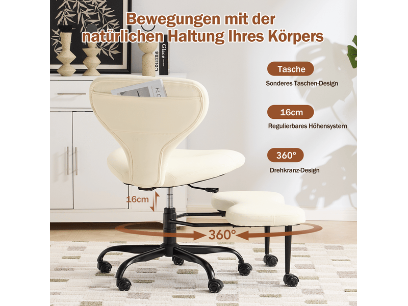 Chaise méditation crème en similicuir avec roulettes silencieuses et repose-pieds - Conforama E