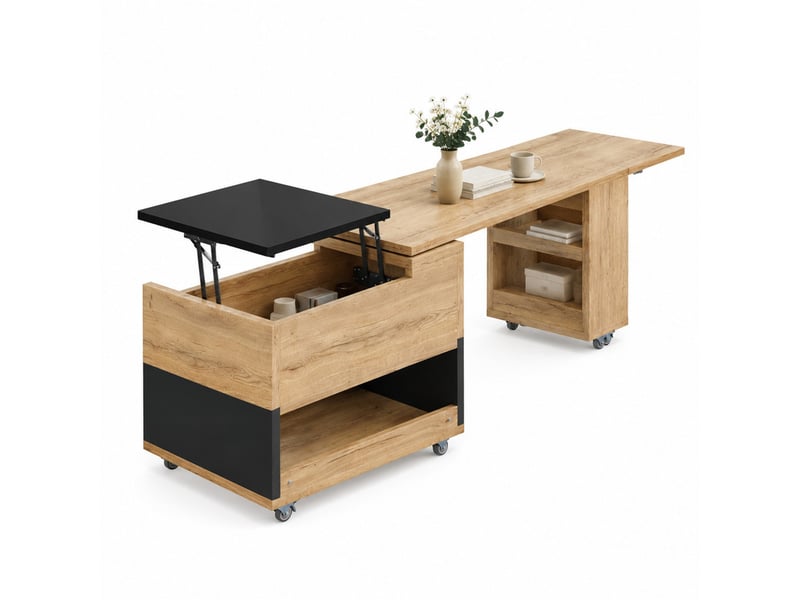  Table basse extensible 161.5 × 46 × 67 cm en bois d'ingénierie avec rangement, plateau relevable et roulettes naturel et noir chicfurn  - Conforama A