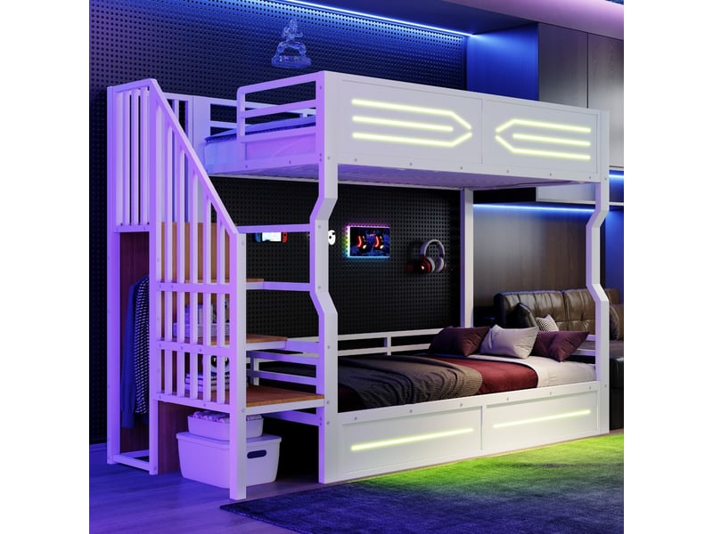 Lit superposé fer 90x200 cm rangement petit escalier armoire led barrières hautes adolescent mezzanine blanc  - Conforama B