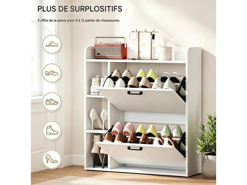  Meuble à chaussures 2 abattants et 3 niches blanc 83 x 24 x 90.5 cm  - Conforama D