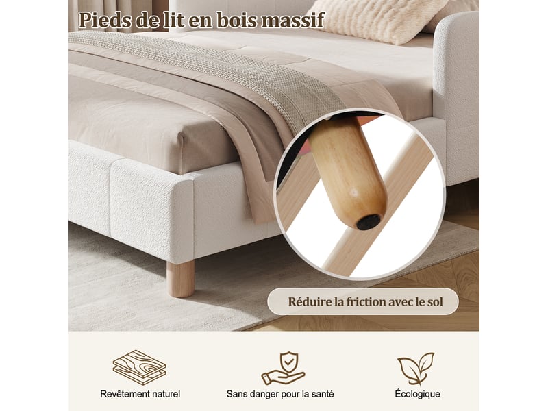  Lit enfant simple 90×200 cm avec barrière, tête de lit et poches, sans matelas - okmyhome- bouclé beige  - Conforama E