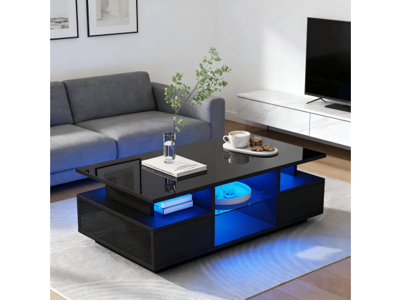 Table basse noire brillante avec led, 2 tiroirs et étagères en verre, meuble de salon moderne 100 x 50 x 36 cm  - Conforama D