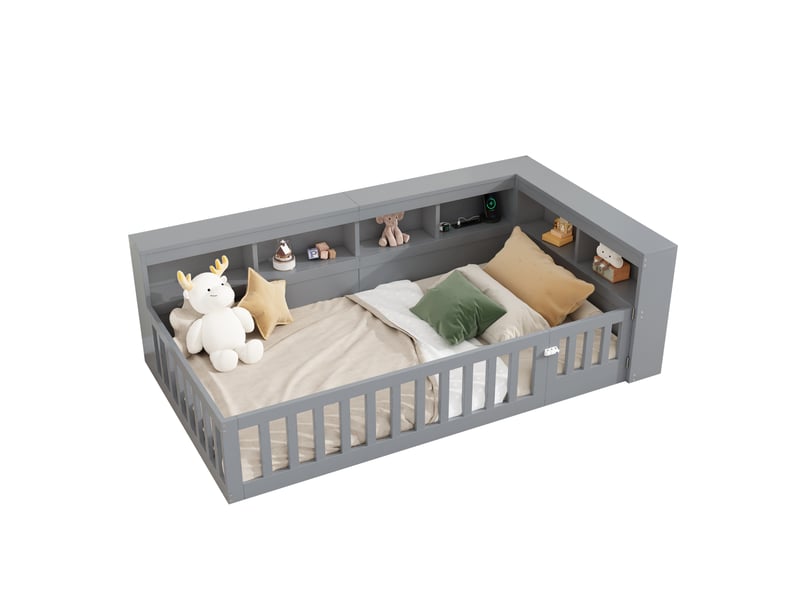  Lit enfant 90x200cm, sommier, garde-corps, tête de lit, port usb, rangement inclus, aggloméré, gris, sans matelas  - Conforama A