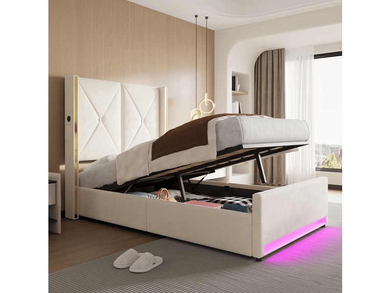  Lit coffre enfant 90x200 cm en velours beige avec led, usb et usb-c  - Conforama D