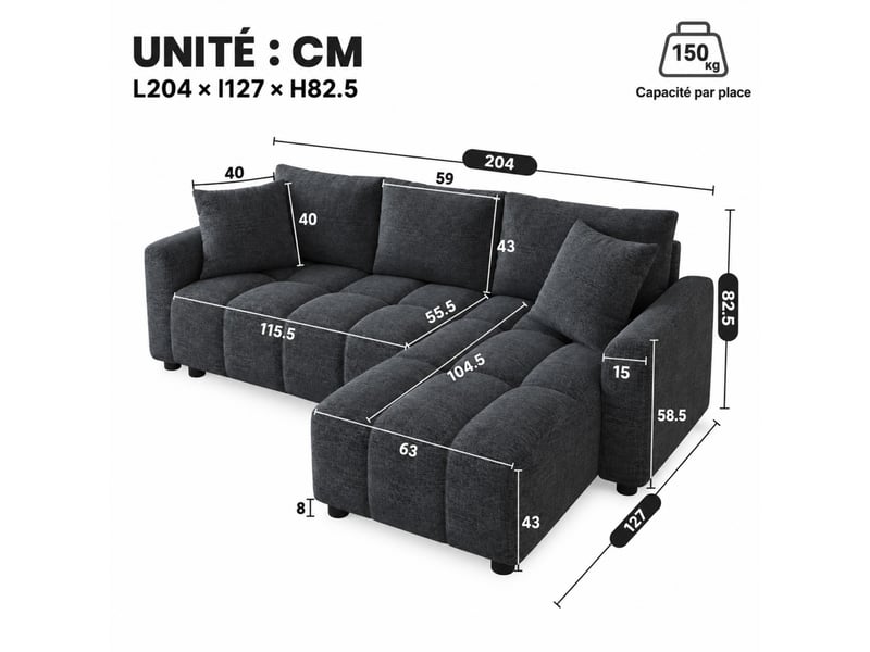 Canapé d’angle modulable, 3 places, avec 2 coussins et coffre de rangement girs en chenille - Conforama C