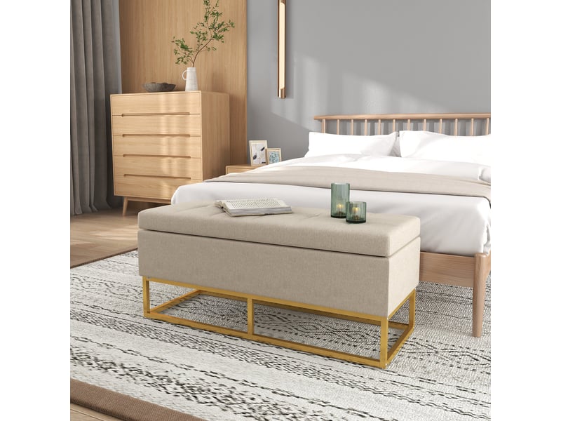 Banc banquette avec coffre de rangement 2 en 1 assise capitonnée et pieds en acier dimensions 110 x 44 x 48 cm coloris beige et doré  - Conforama D