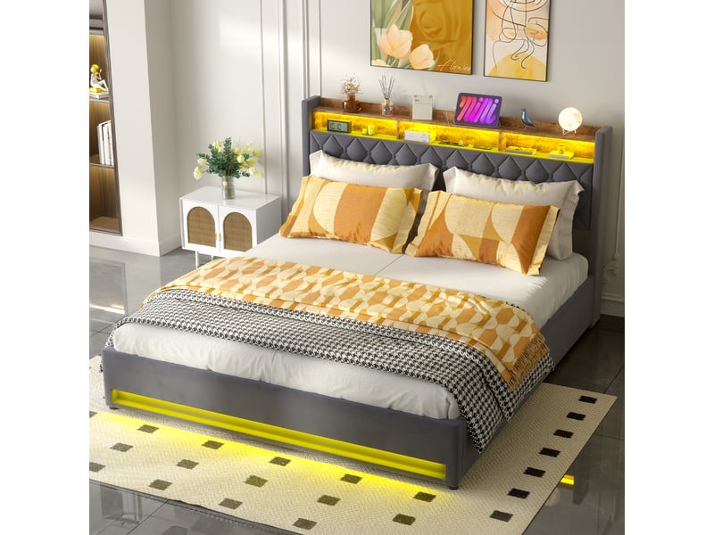  Lit coffre rembourré 180x200 avec led, usb et rangement cravdom  - Conforama B