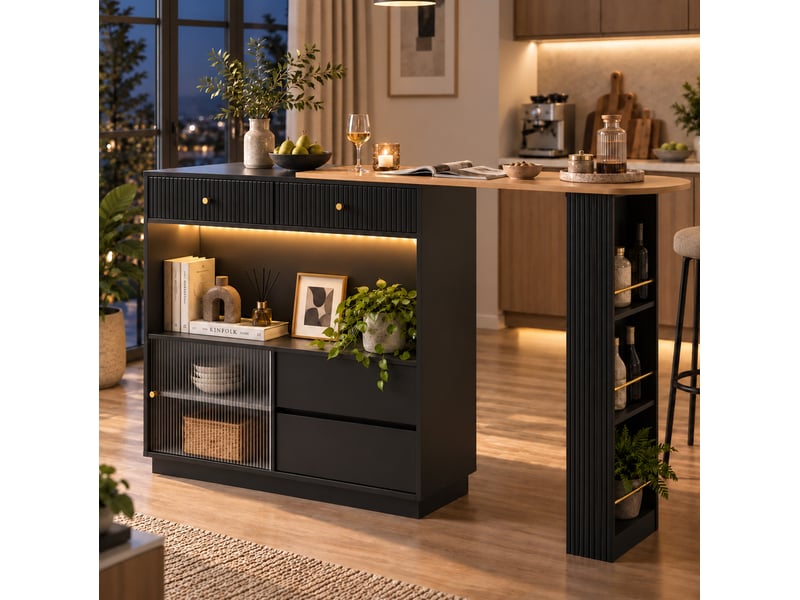  Table bar extensible pivotante avec rangement led 120x30x100 cm noire  - Conforama B