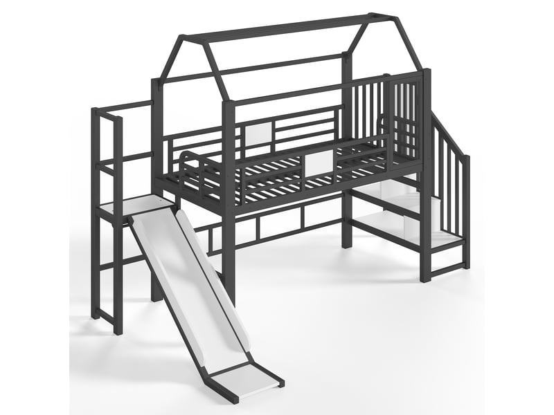  Lit mezzanine 140x200cm avec toboggan et échelle,cabane,design clôture,certifié en747-1,noir  - Conforama A