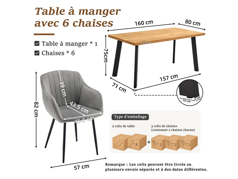 Ensemble table et 6 chaises - table rectangulaire 160x80 cm monobloc en chêne sauvage et pieds métal, 6 chaises en velours gris et pieds métal - Conforama C