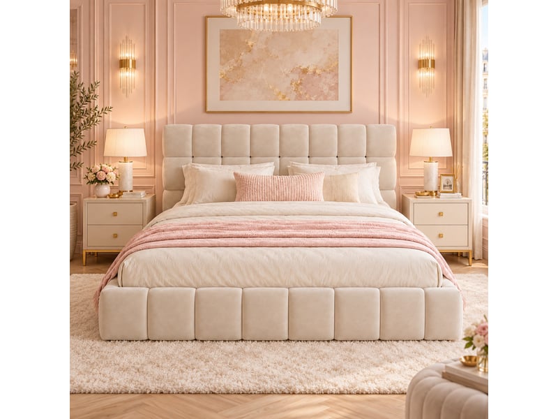  Lit capitonné 140x200 cm avec dossier rembourré, cadre bas et contour matelassé en velours, sans matelas, beige  - Conforama D