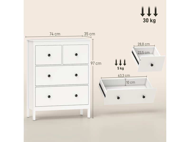  Commode à 4 tiroirs, pour vêtements et linge de lit, salon, chambre, couloir, panneaux de particules, blanc  - Conforama E